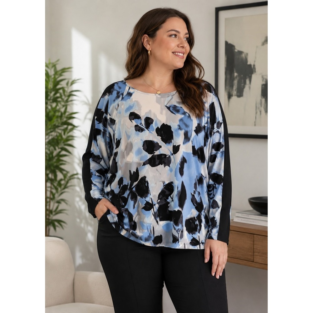 Calvin Klein Blue Floral Abstract Tunic Blouse Zipper Sleeve 2X Office Modern‎